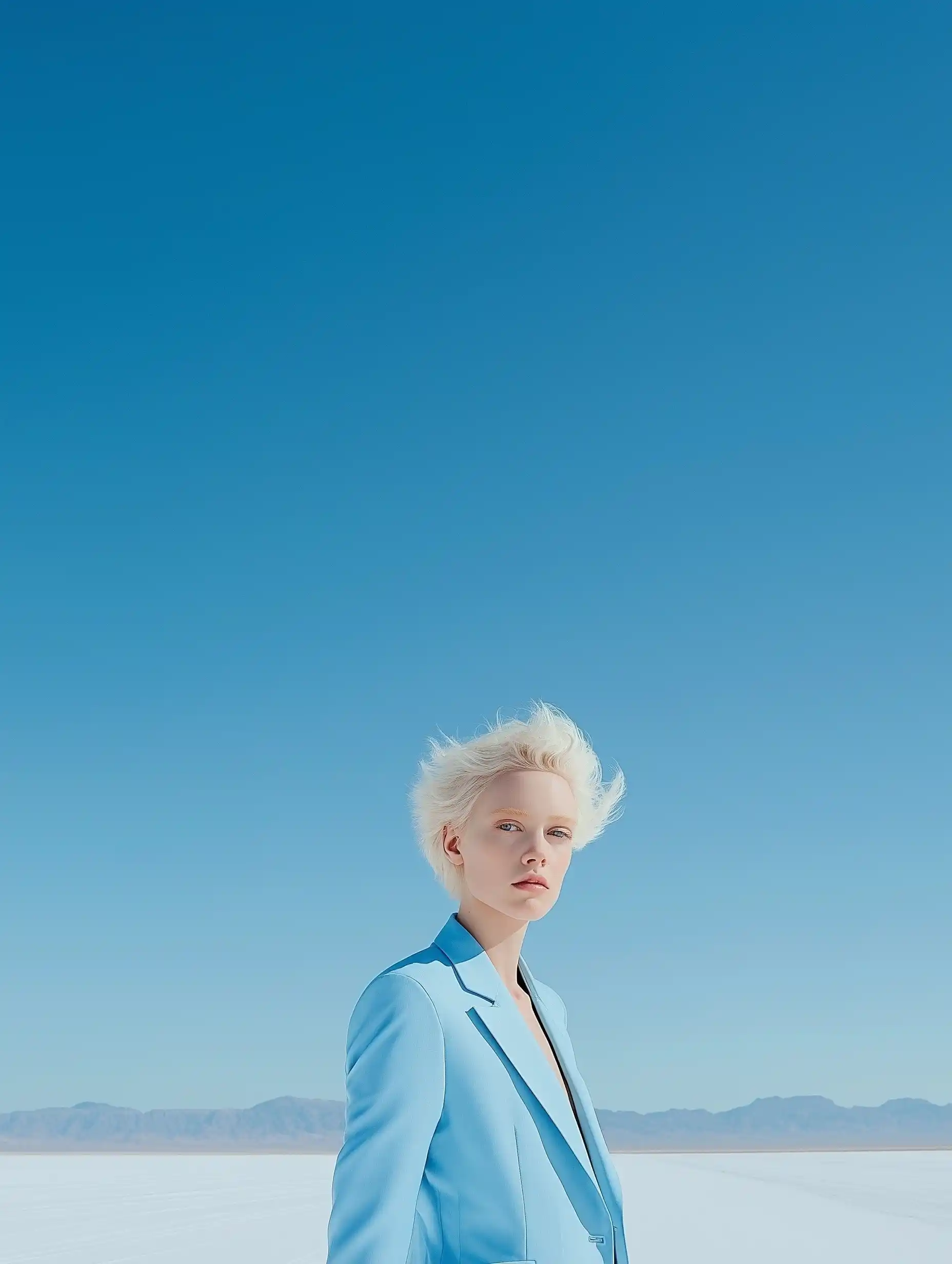 Albino Woman in Blue Suit Midjourney提示词