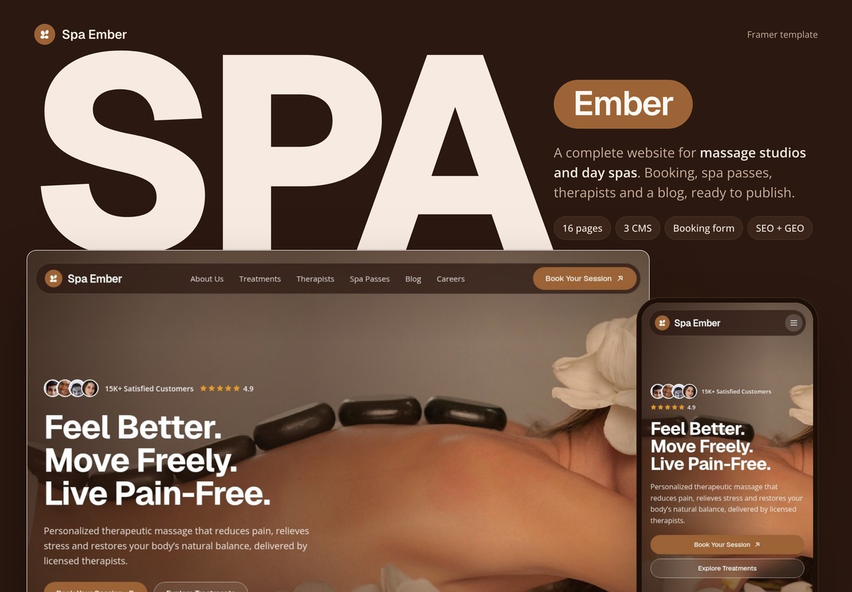 水疗按摩工作室Framer网站（Spa Ember），Spa Ember: Spa and Massage Framer Template