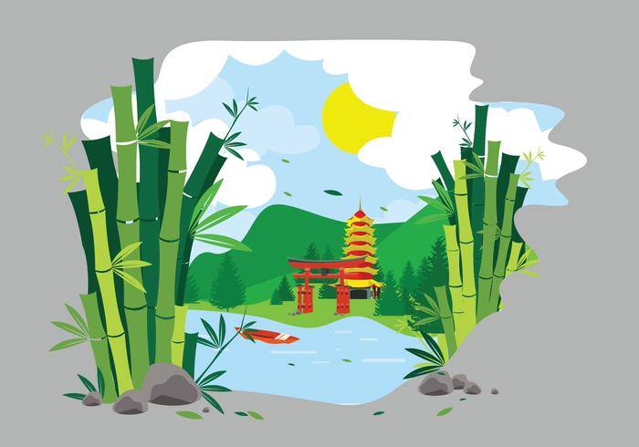 绿色竹景观中国插画