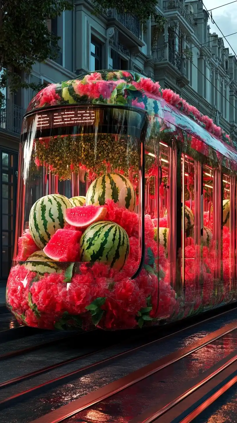 Watermelon Tram in City Midjourney提示词