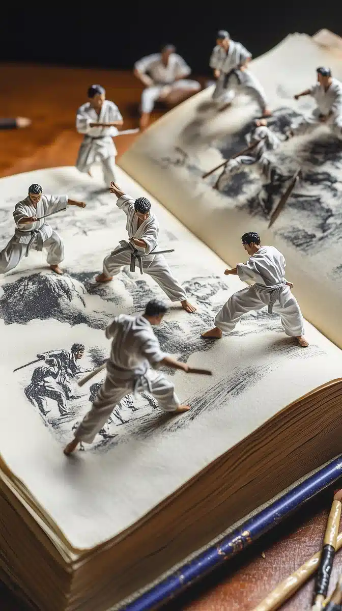Miniature Karate on Book Midjourney提示词
