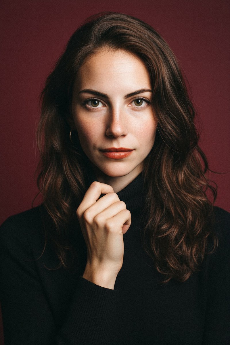Elegant Woman Portrait: Dark Hair, Turtleneck, Direct Gaze Nano Banana提示词