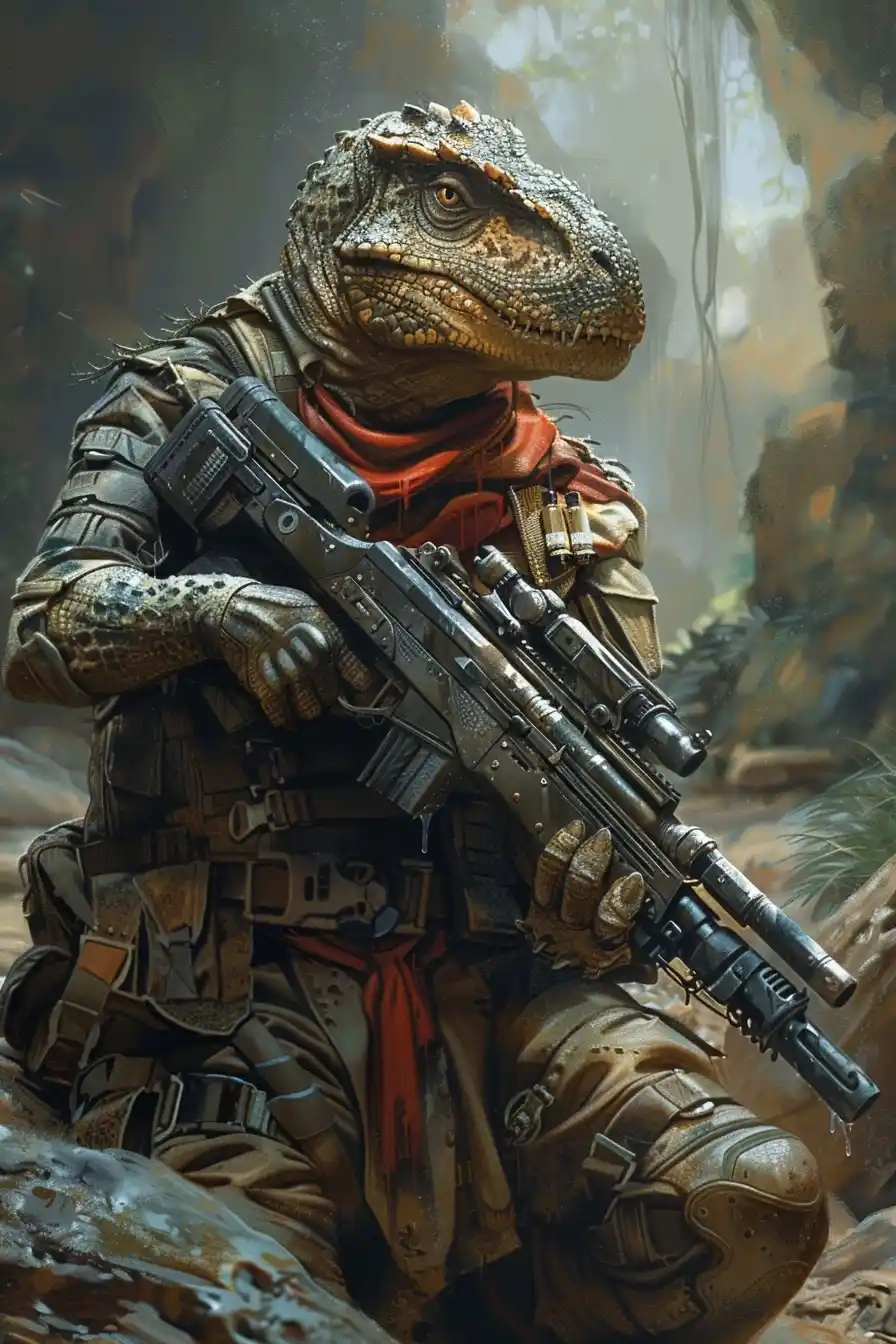 Combat Spinosaurus Chaos Midjourney提示词