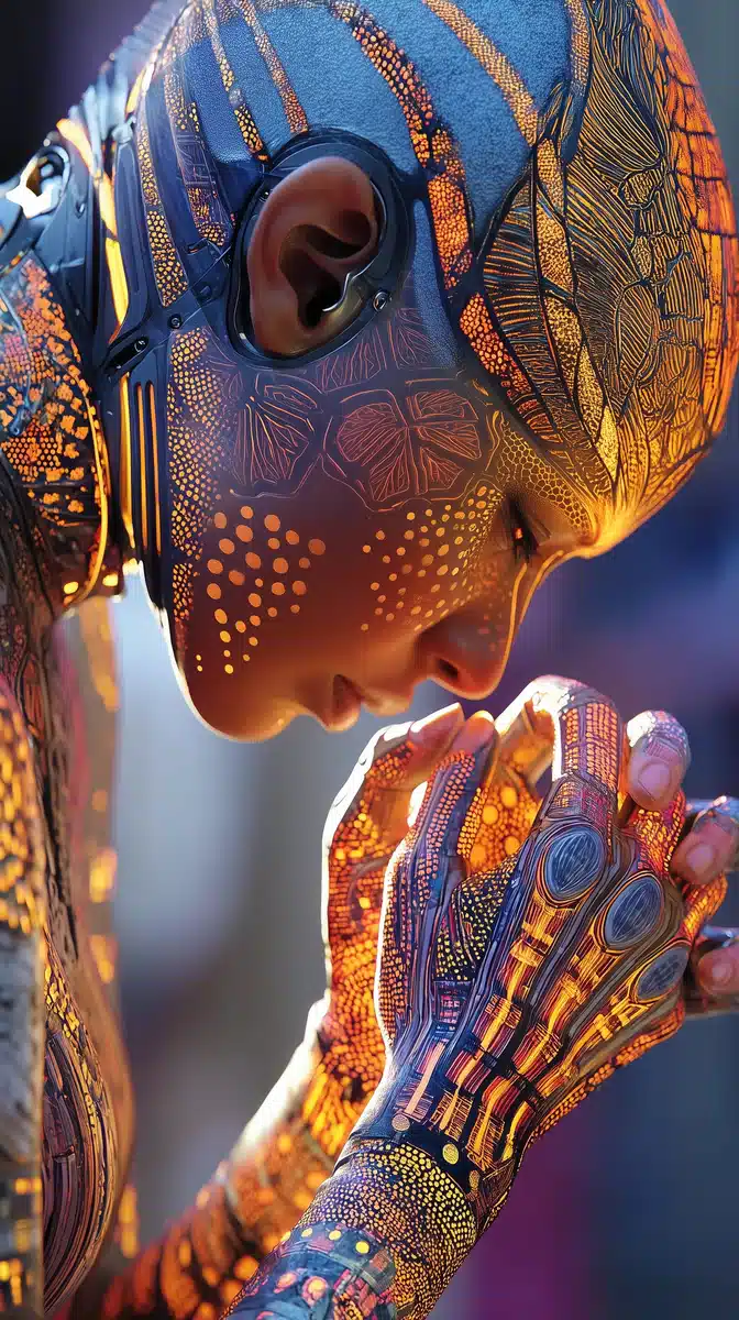 Futuristic Monk Tattooing Robots Midjourney提示词