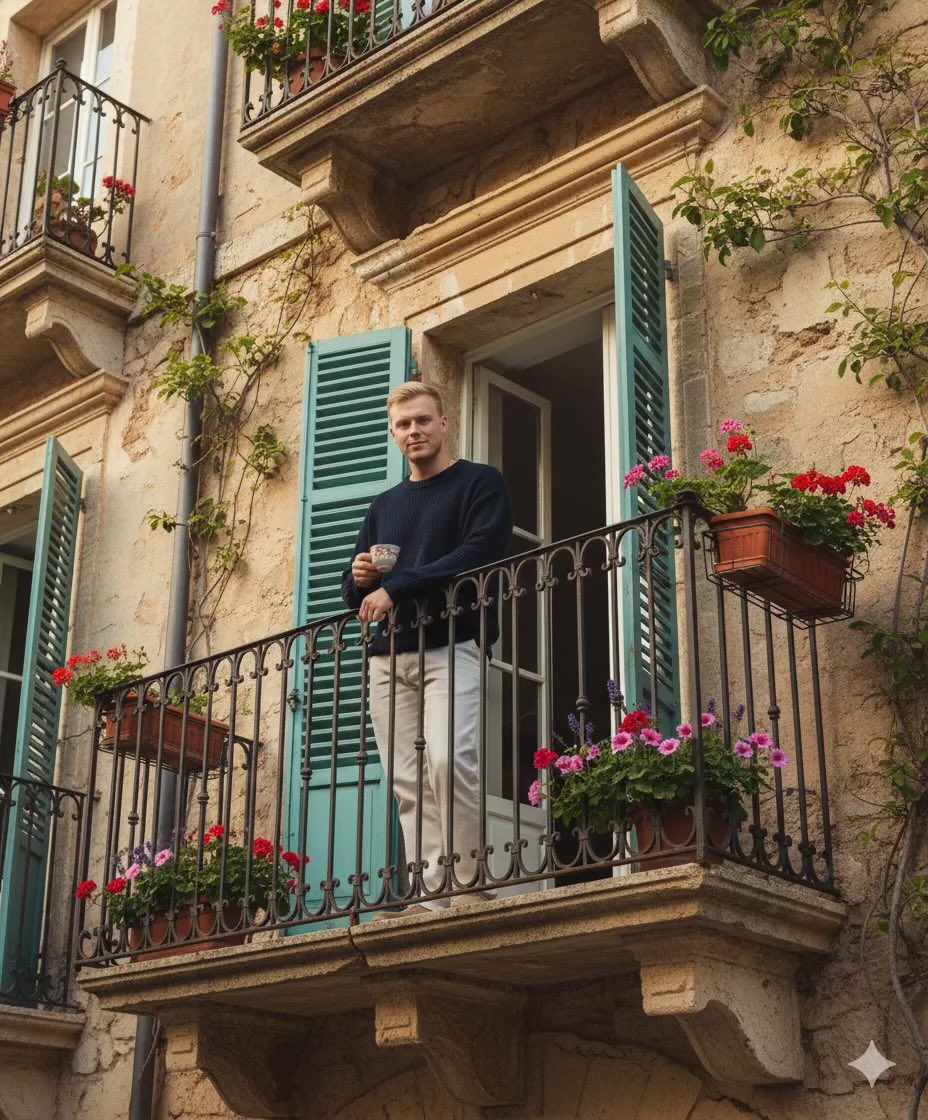 Relaxed Man on Balcony, Flowers, European Architecture Nano Banana提示词