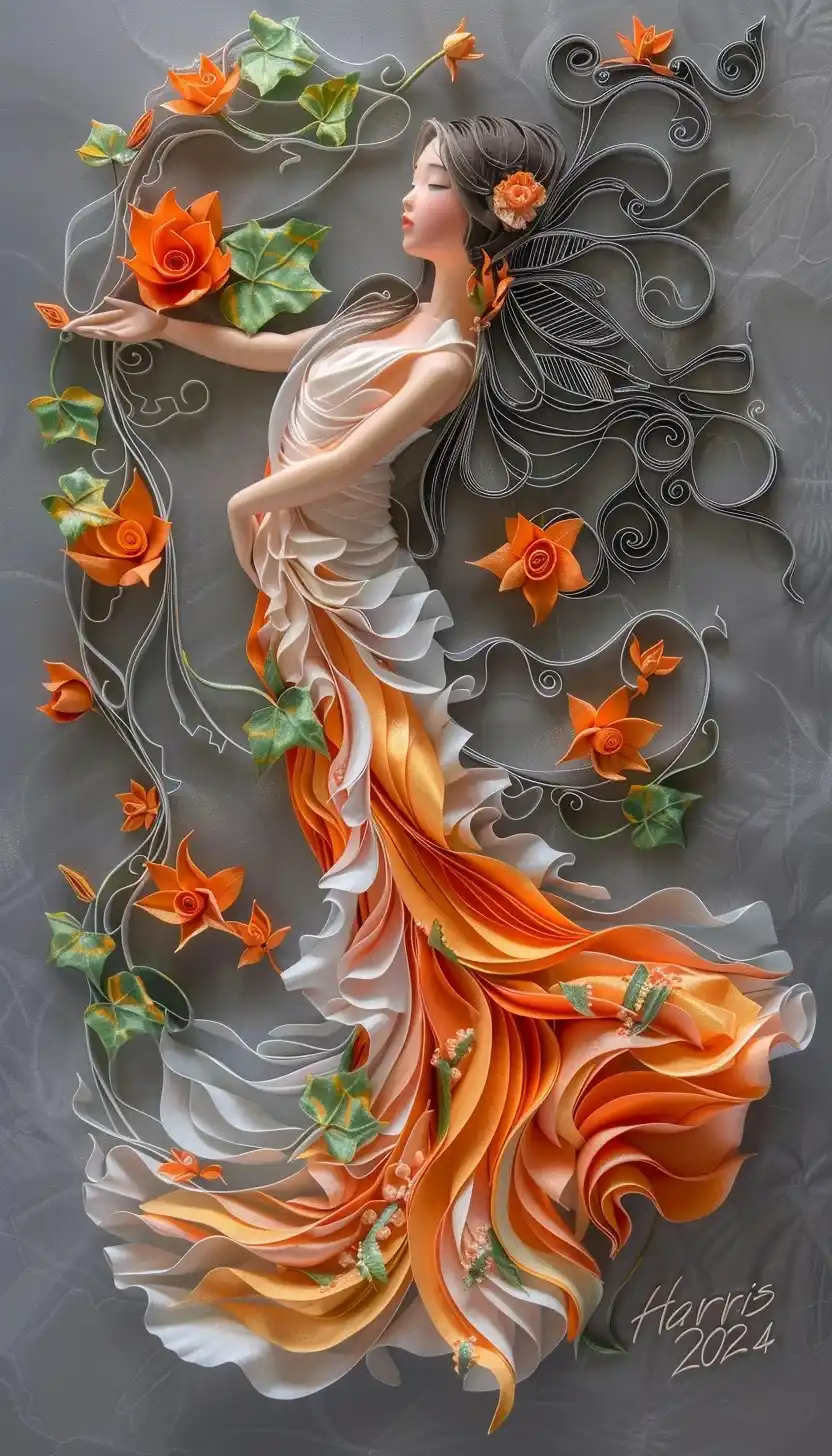Lotus Woman Quilled Portrait Midjourney提示词