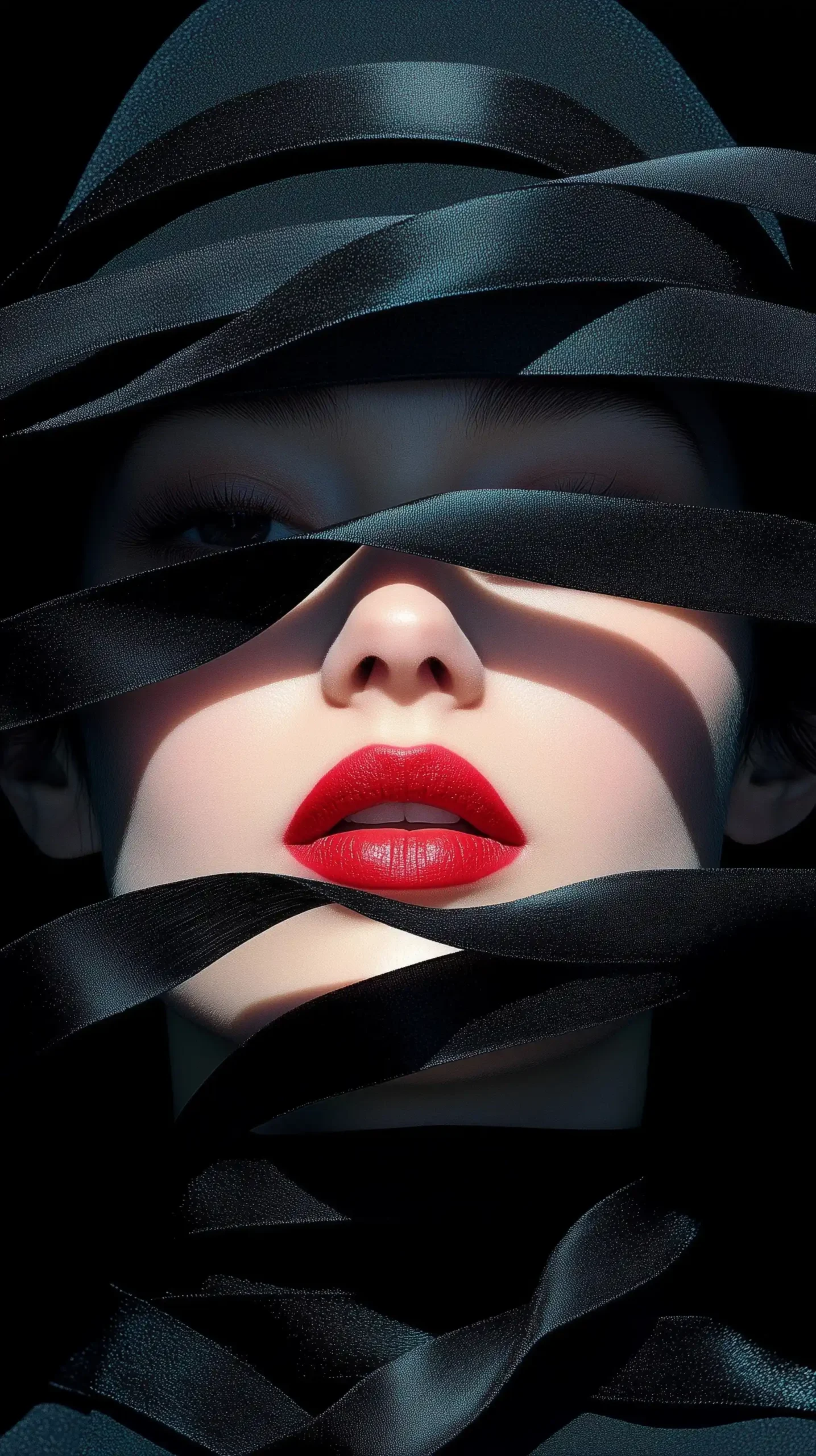 Minimalist Woman Behind Ribbon Midjourney提示词