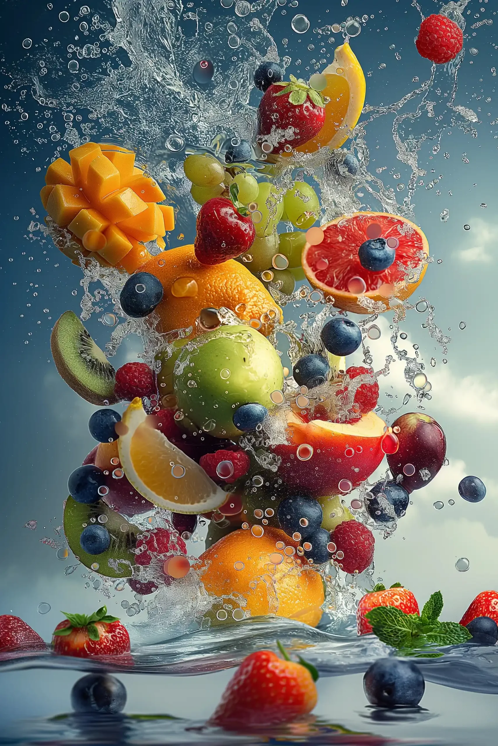 Dynamic Fruit Explosion Midjourney提示词