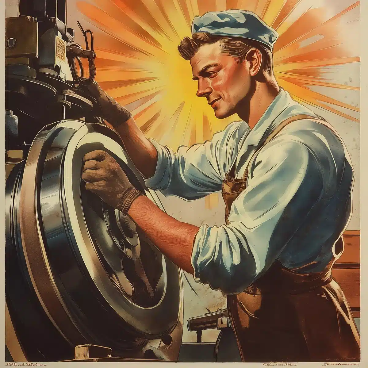 Lithographic Wheel Rim Mechanic Midjourney提示词