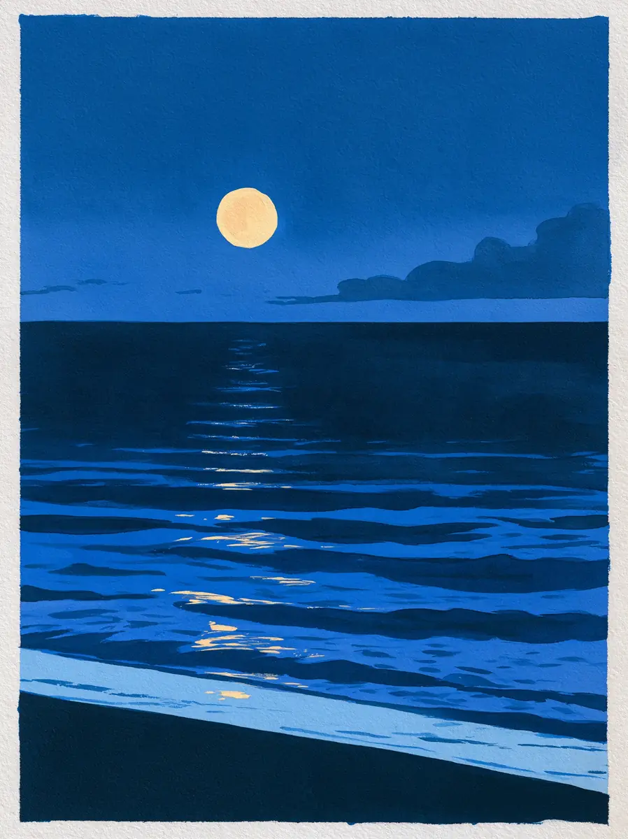 Gouache Blue Hour Ocean Midjourney提示词