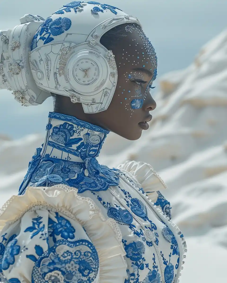 Fashionable Robot in Dunes Midjourney提示词