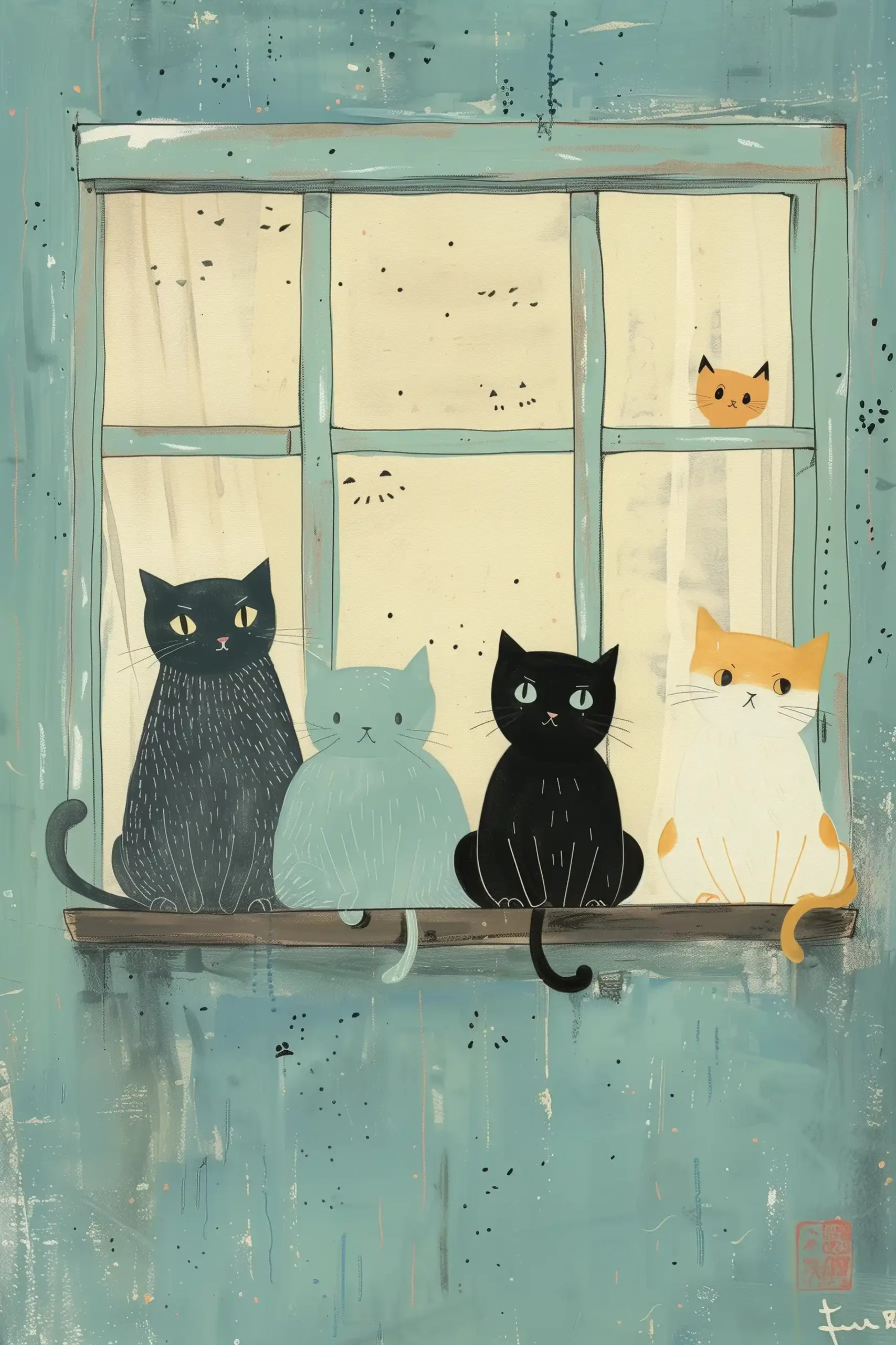Charming Cat Quartet Stippled Ukiyo-e Midjourney提示词