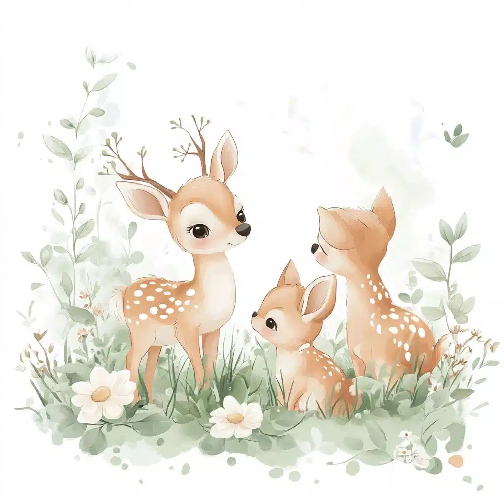 Cartoon Deer and Puppies Midjourney提示词
