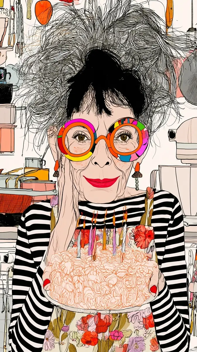 Illustrated Woman With Cake Midjourney提示词
