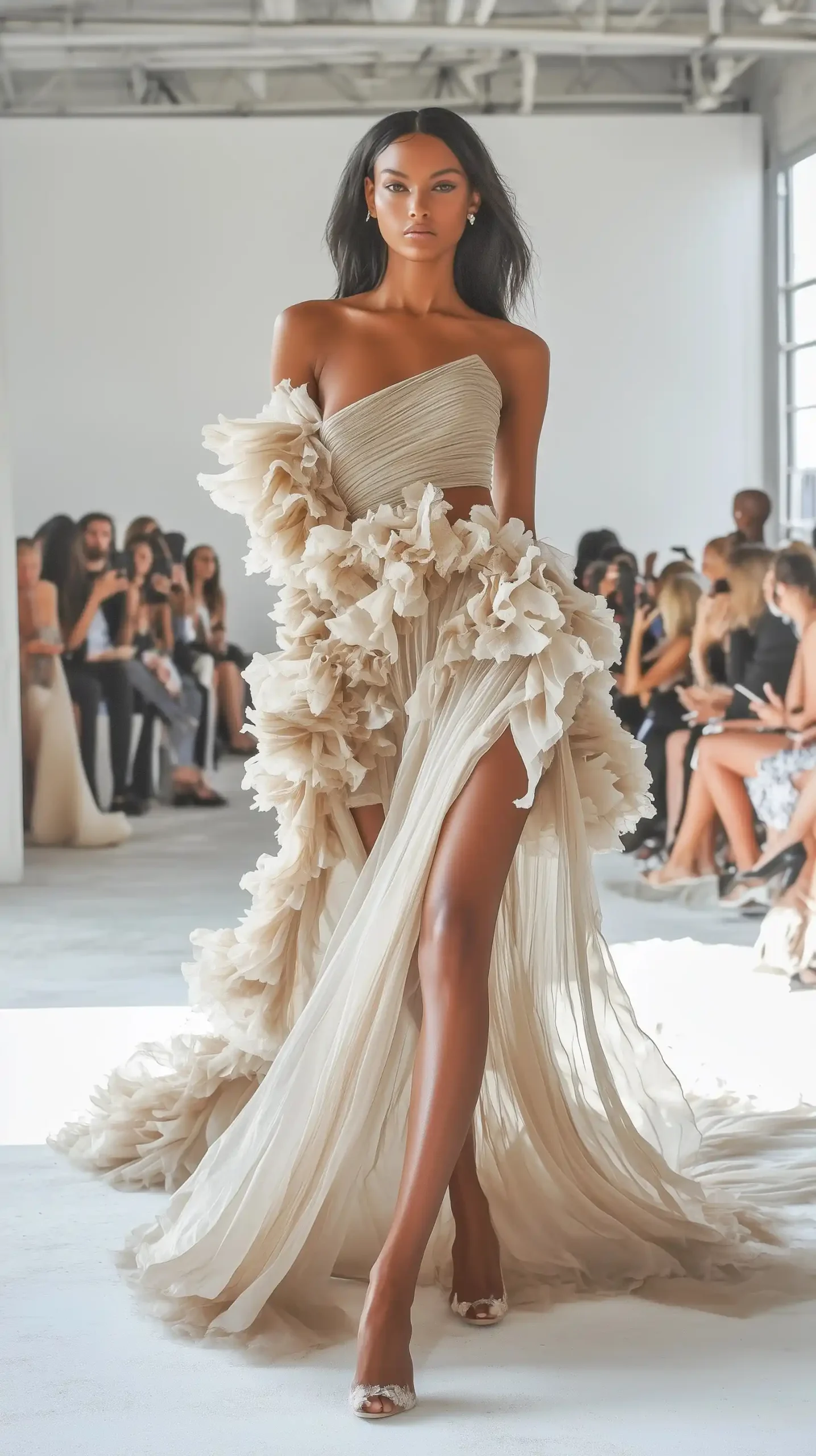 Beige Chiffon Gown Photography Midjourney提示词