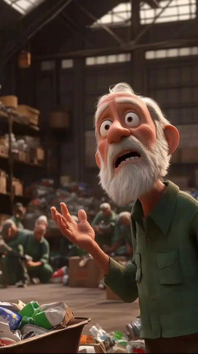Animated Old Man in Warehouse Midjourney提示词