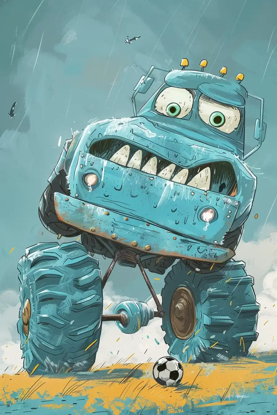 Liniers-Style Teal Monster Truck Midjourney提示词