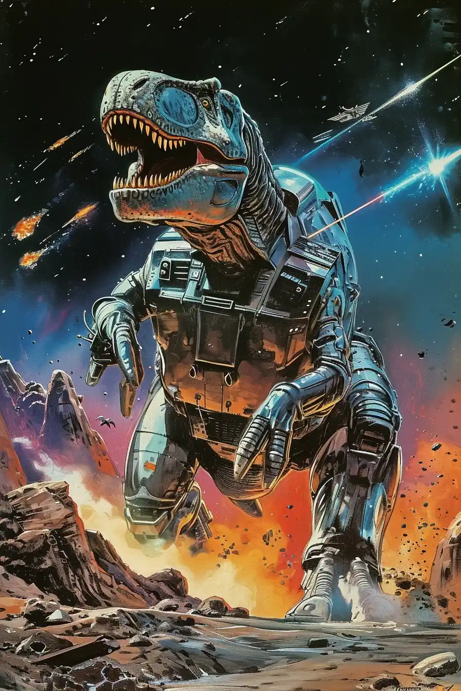 Chrome T-Rex Moonwalk Midjourney提示词