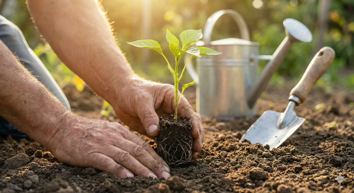 Gardening: Hands Planting Seedling in Sunlight Nano Banana提示词