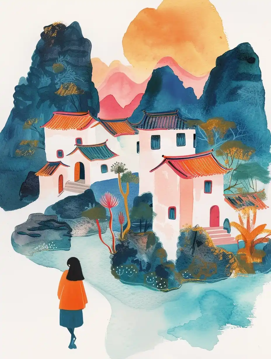 Whimsical Watercolor Chinese Landscape Midjourney提示词
