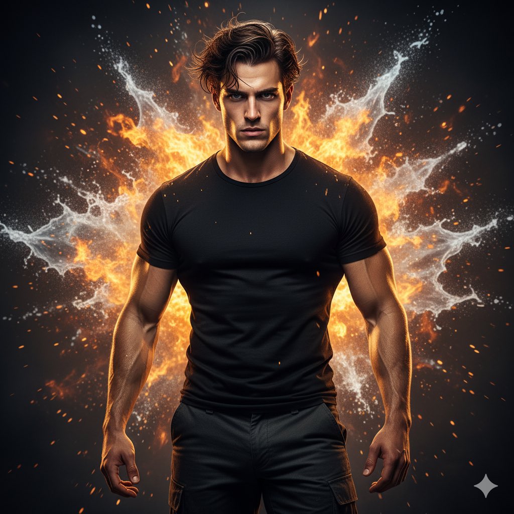 Photorealistic Muscular Man Portrait with Fire & Water Nano Banana提示词