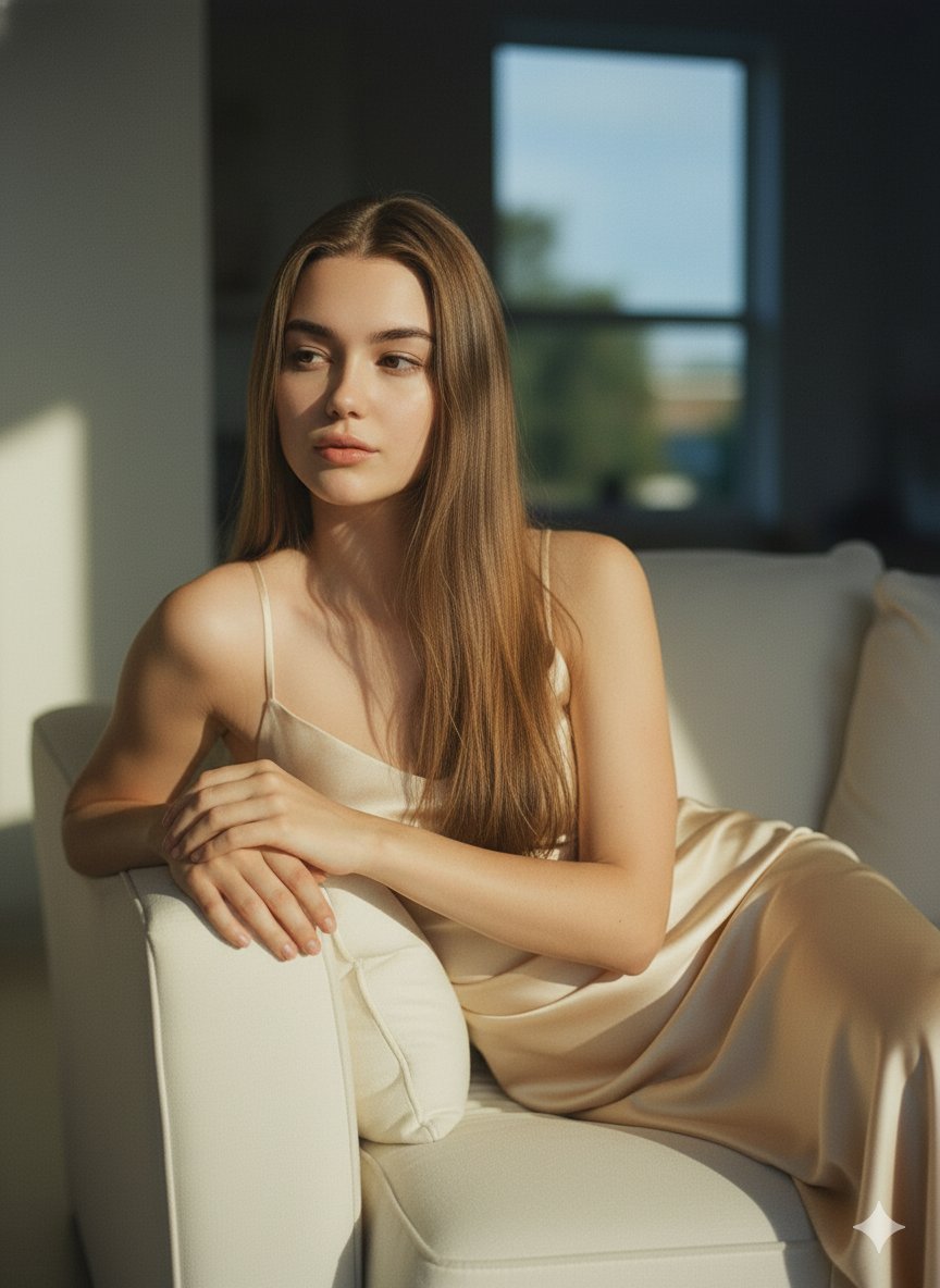 Serene Woman Portrait in Soft Natural Light, Elegant Slip Dress Nano Banana提示词