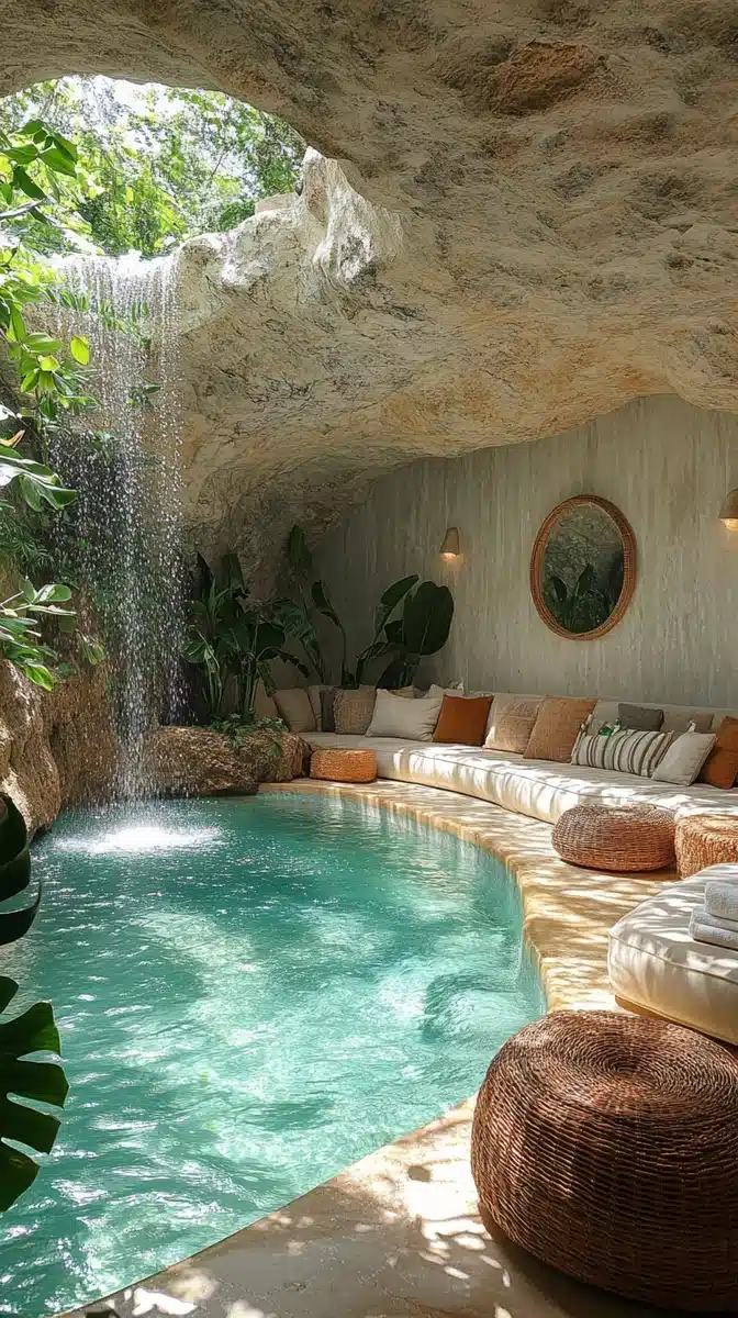 Cave Resort with Waterfalls Midjourney提示词