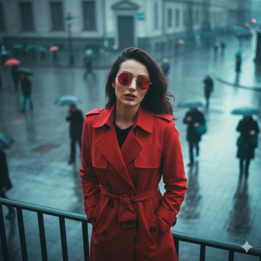 Woman in Red Trench Coat, Rainy City Street Fashion Portrait Nano Banana提示词