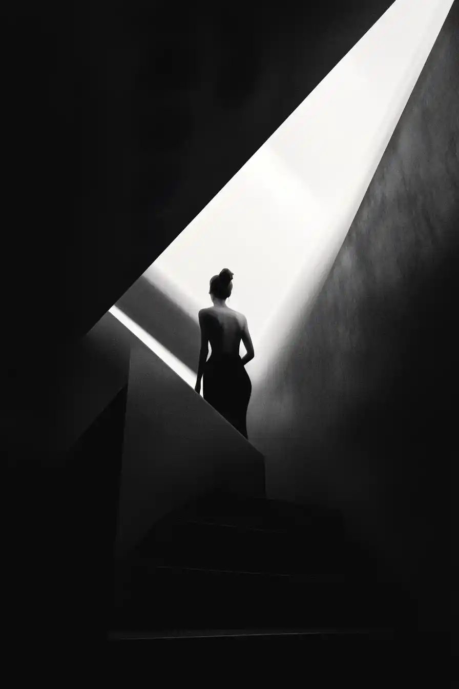 Minimalist Woman Ascending Stairs Midjourney提示词