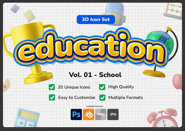 3D Icon Set - Education School Theme