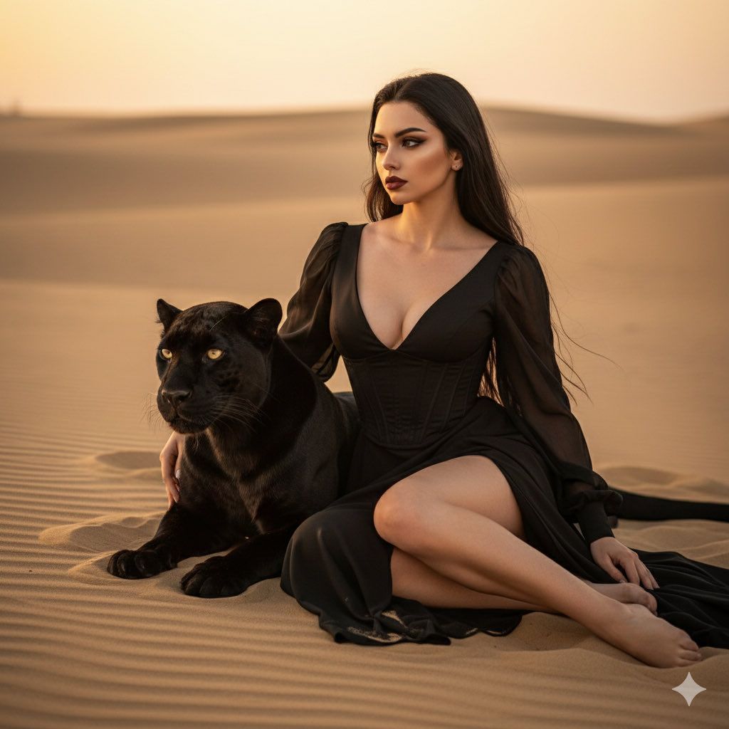 Elegant Woman & Black Panther in Desert Fashion Shoot Nano Banana提示词