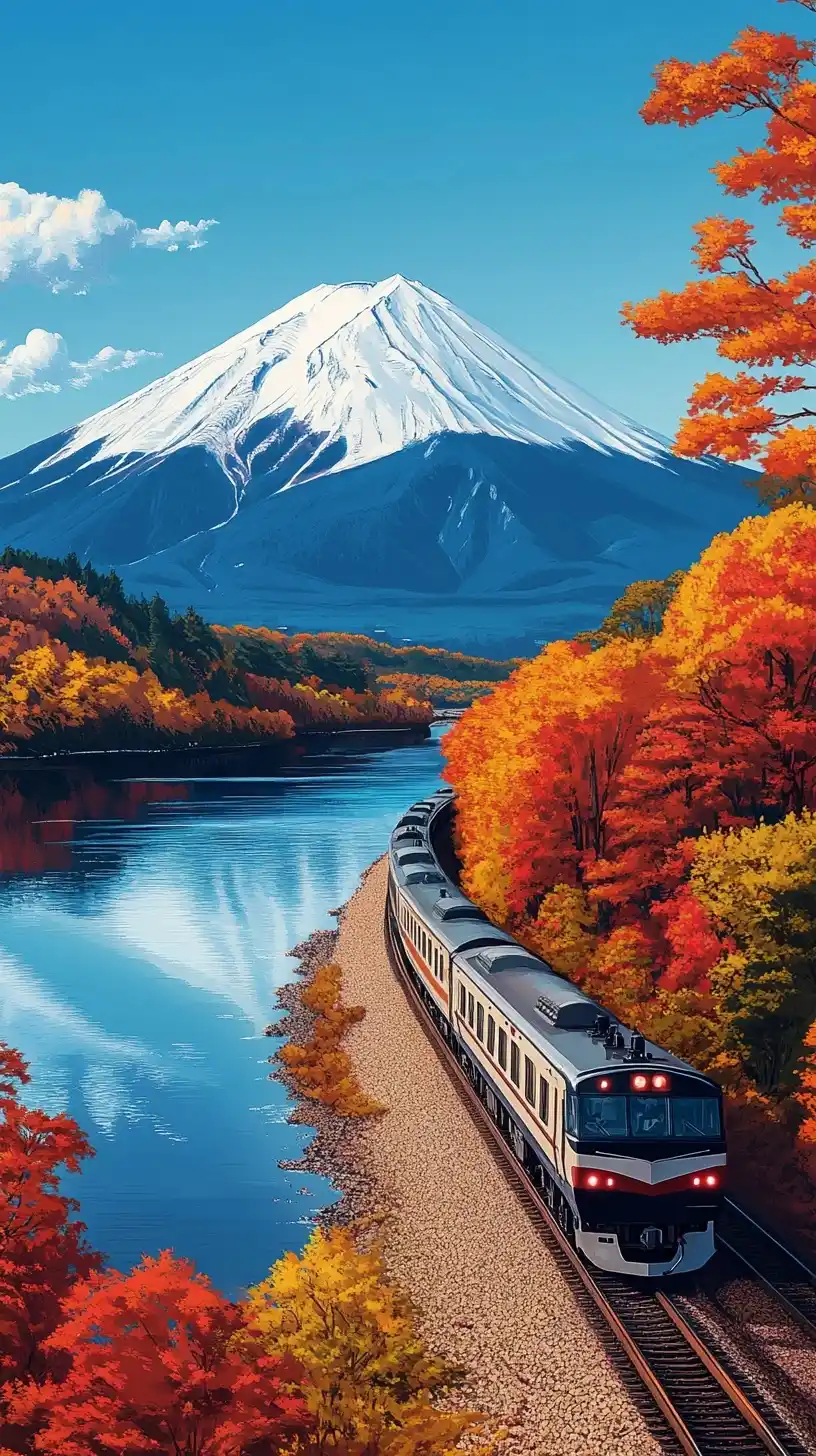 Train by Mount Fuji Midjourney提示词