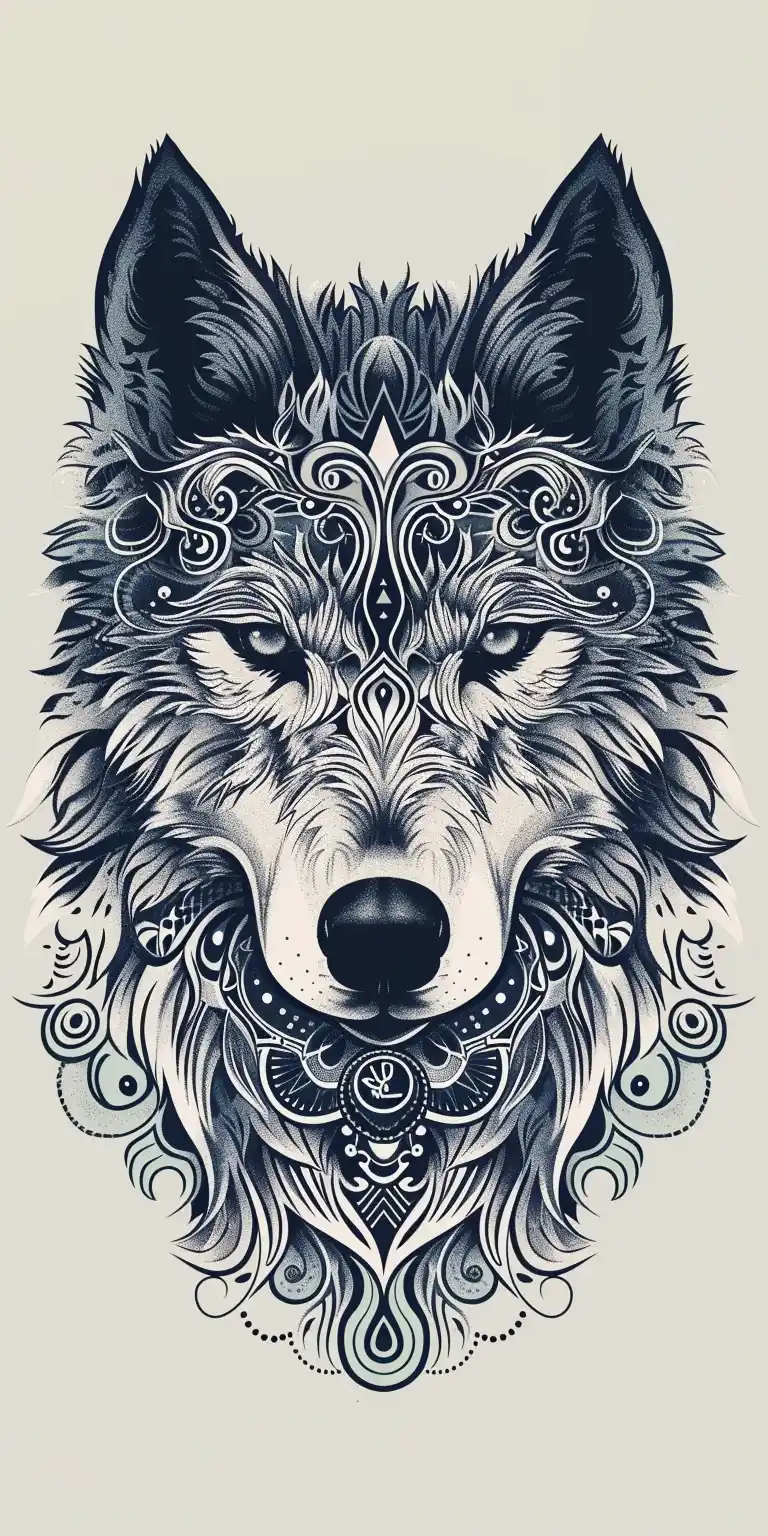 Ornamental Wolf Illustration Midjourney提示词