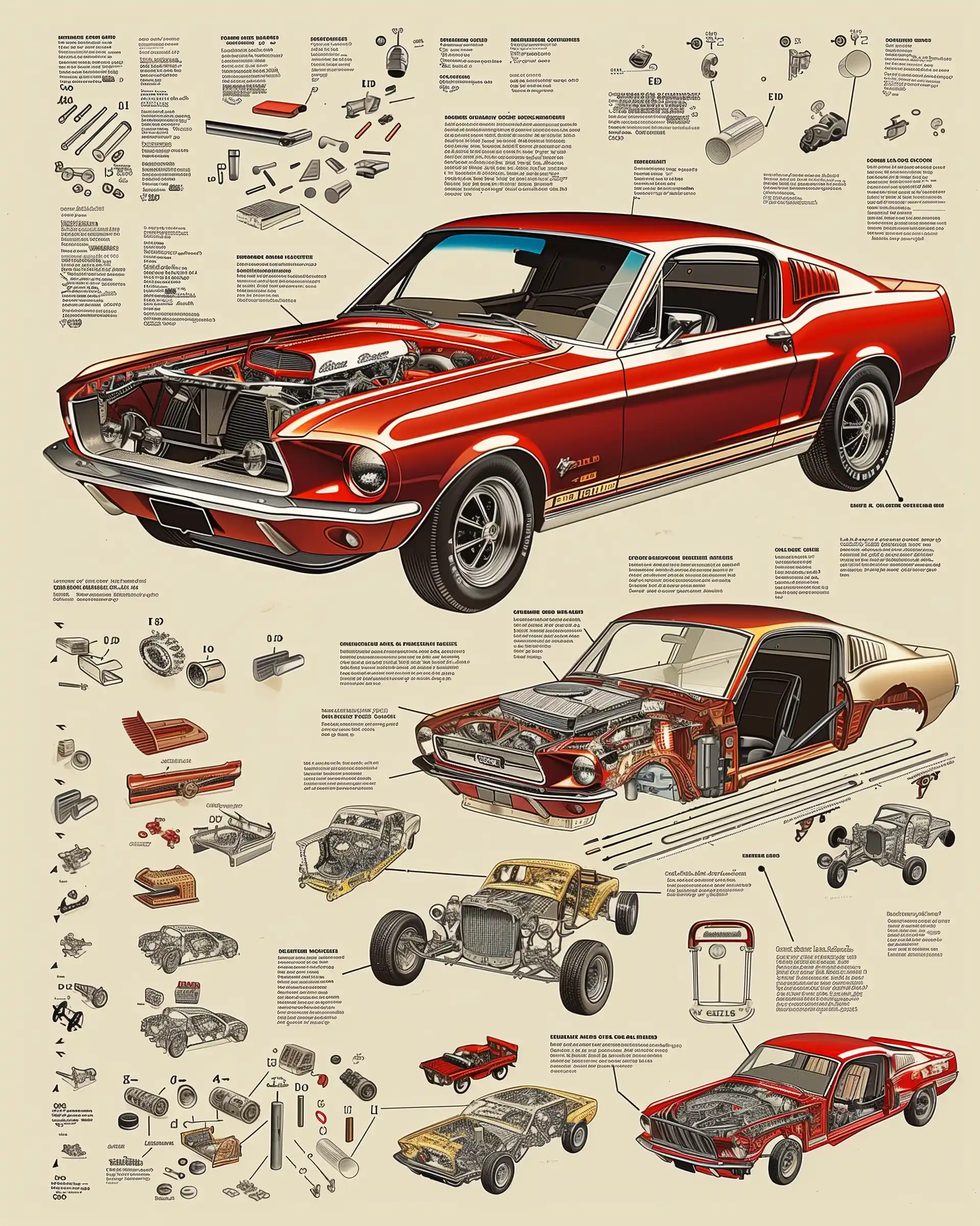 Exploded Mustang Parts Diagram Midjourney提示词