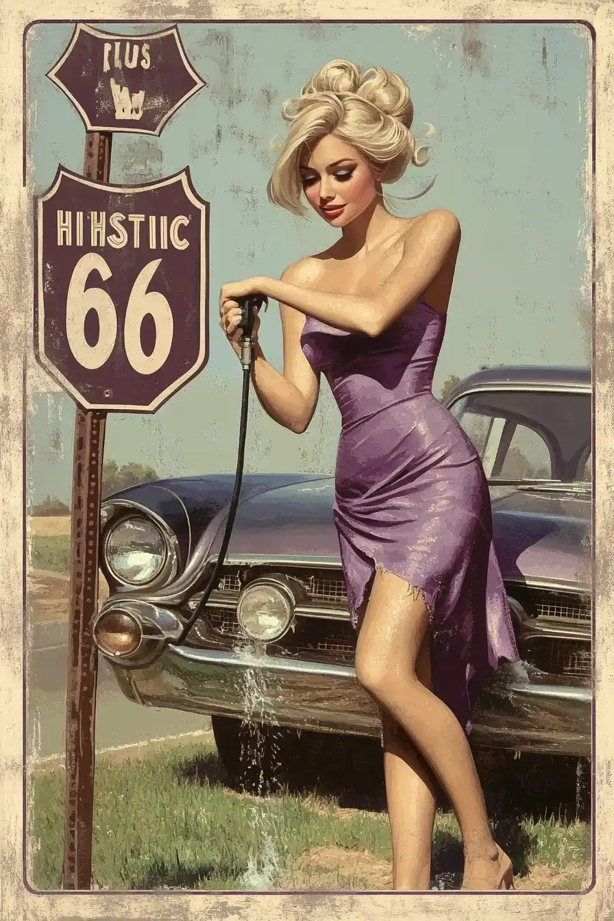 Vintage Poster Woman Washing Car Midjourney提示词