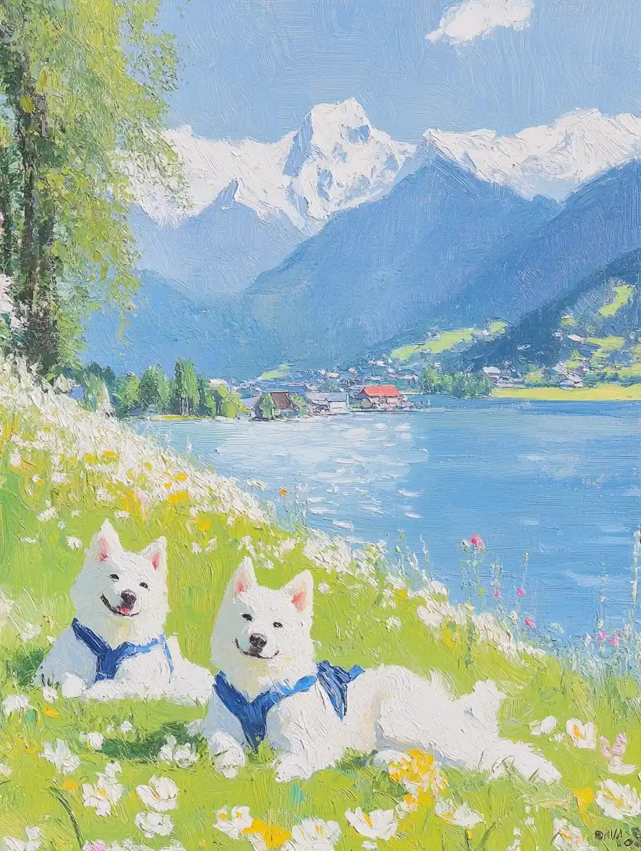 Impressionist Akitas by Lake Midjourney提示词