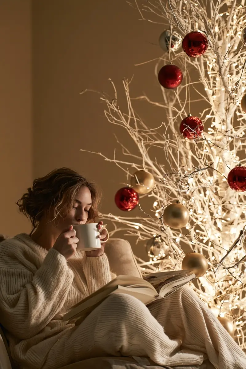 Woman by Christmas Tree Midjourney提示词