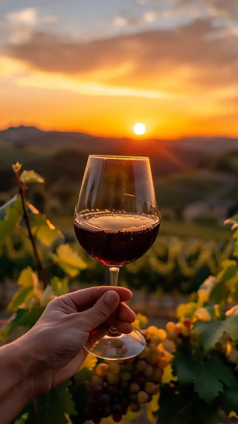 Male Hand Holding Wine Glass at Italian Vineyard Sunset Midjourney提示词
