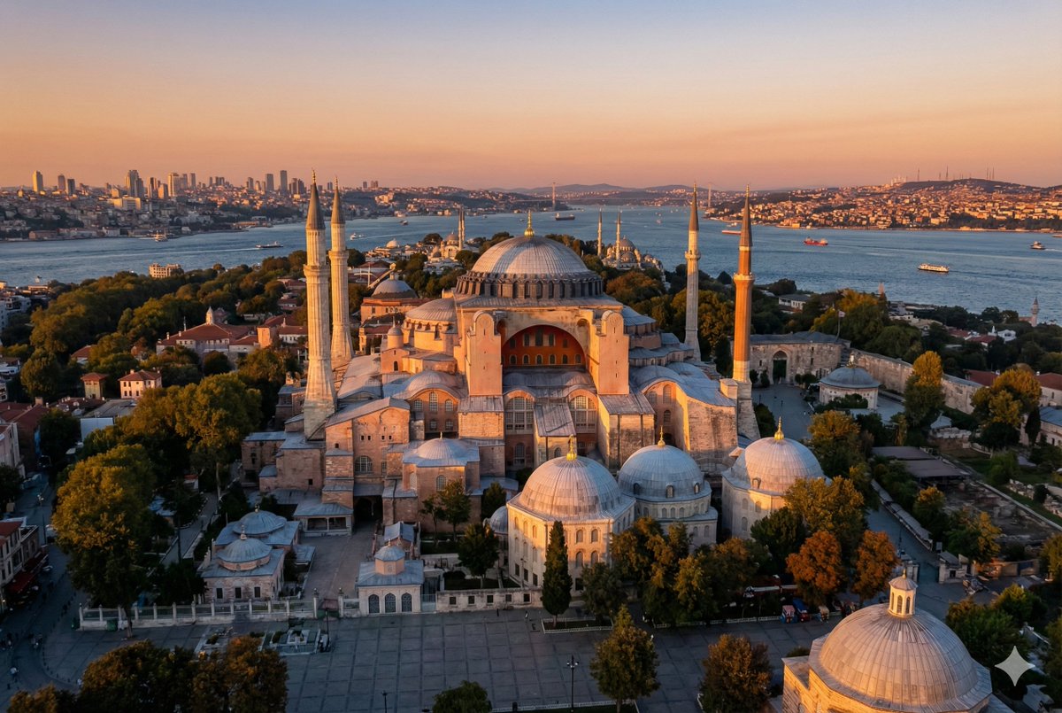 Hagia Sophia Istanbul Aerial Golden Hour Cityscape Bosphorus Nano Banana提示词
