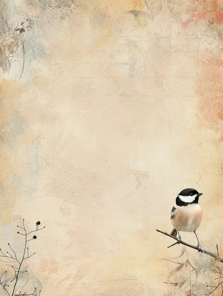 Vintage Textured Parchment with Chickadee Midjourney提示词
