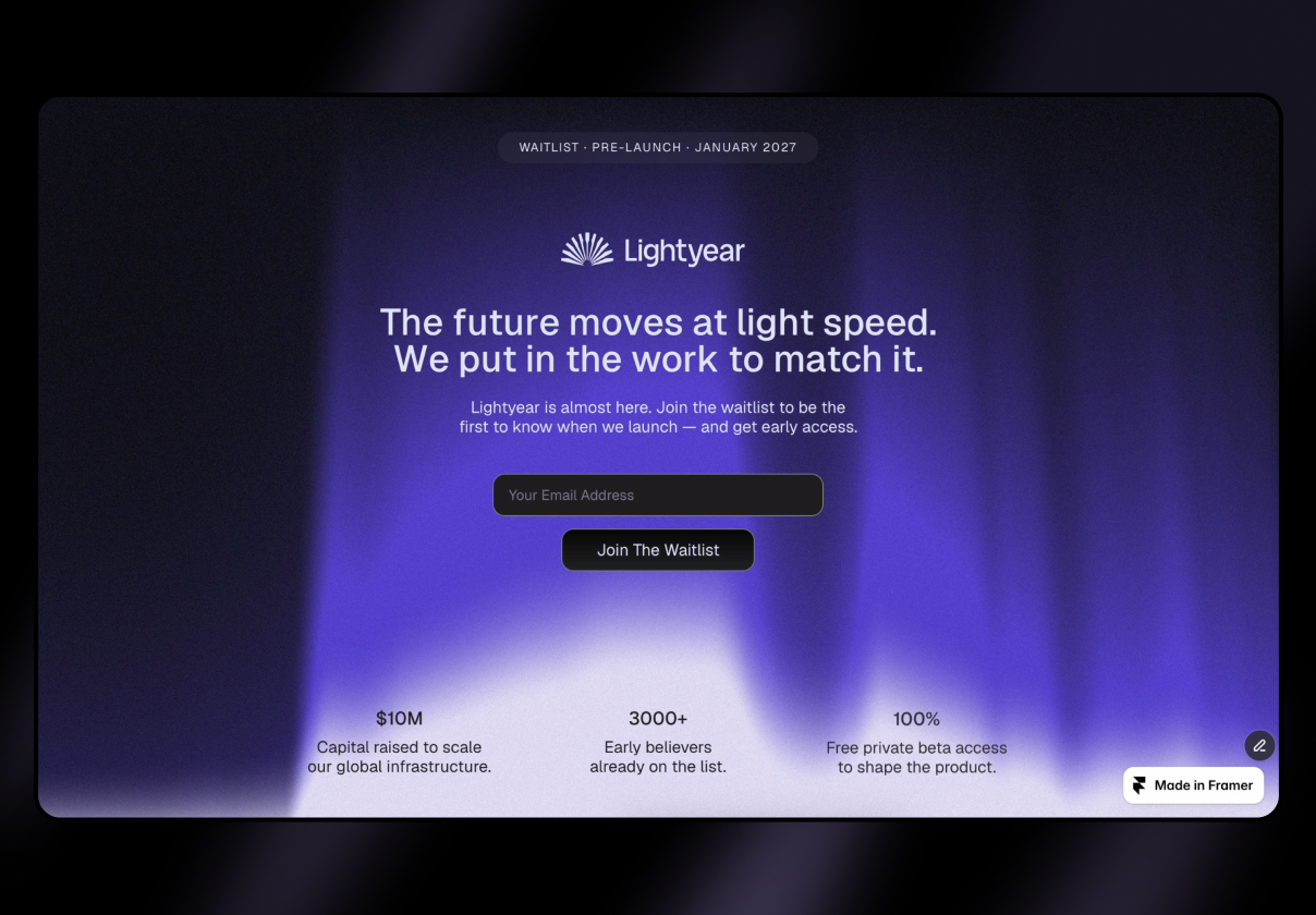 等候名单落地页Framer模板（Lightyear），Lightyear – Join The Waitlist