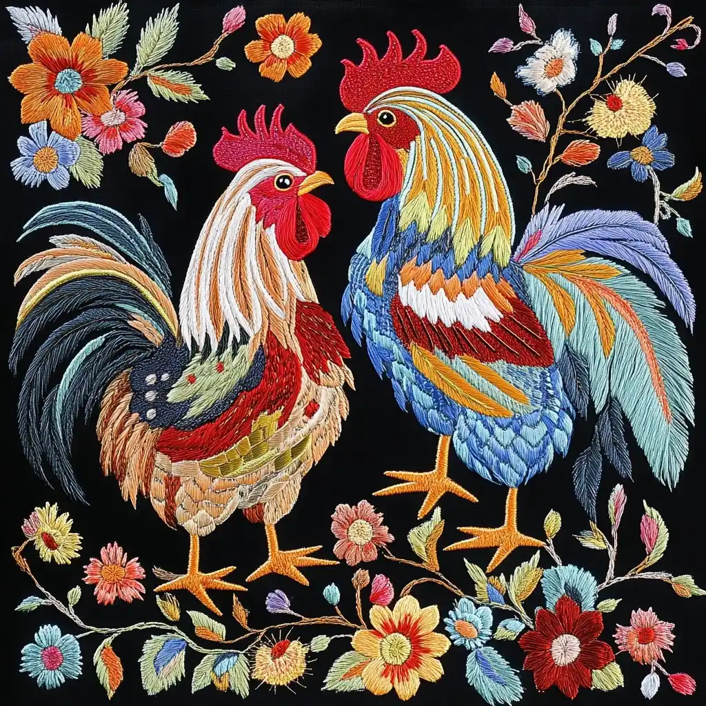 Vibrant Roosters in Embroidery Midjourney提示词