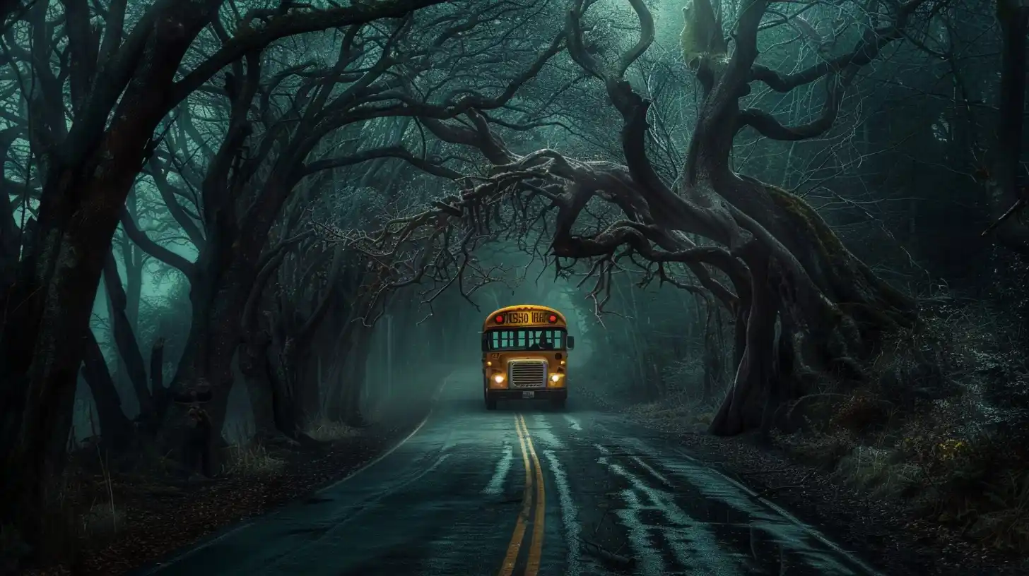 Graphic School Bus Through Spooky Road Midjourney提示词