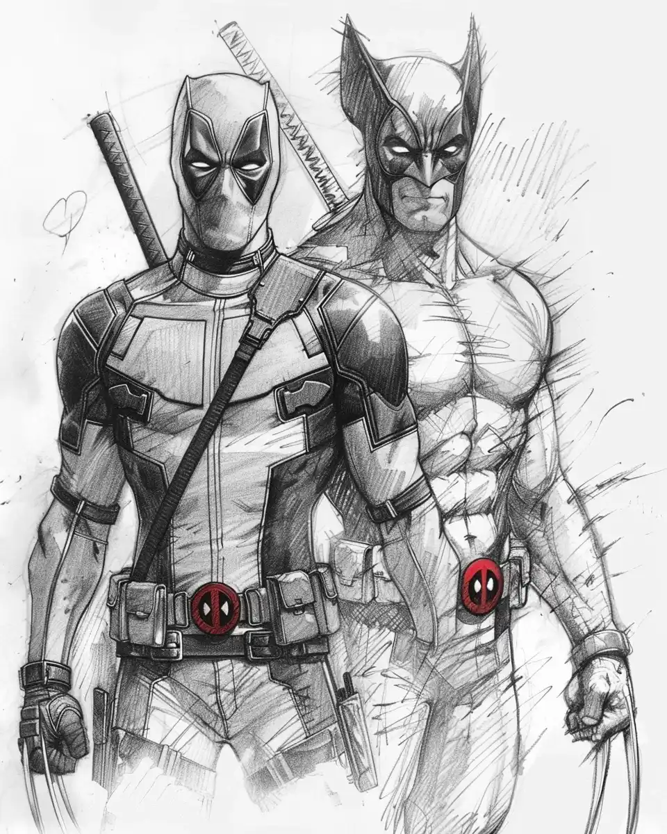 Quick Sketch Deadpool Wolverine Midjourney提示词
