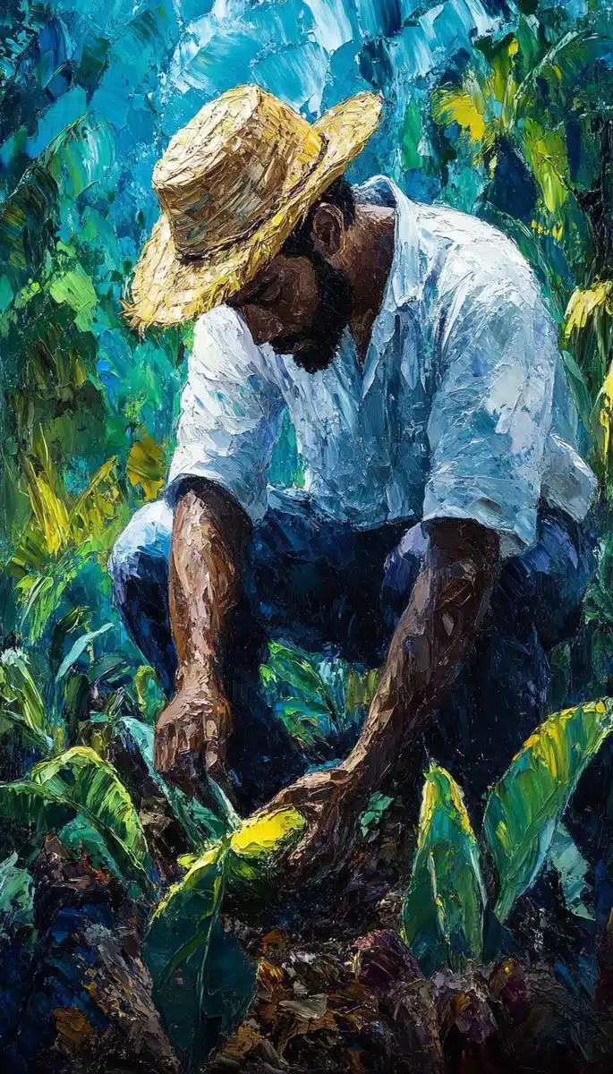 Textured Polynesian Farmer Painting Midjourney提示词