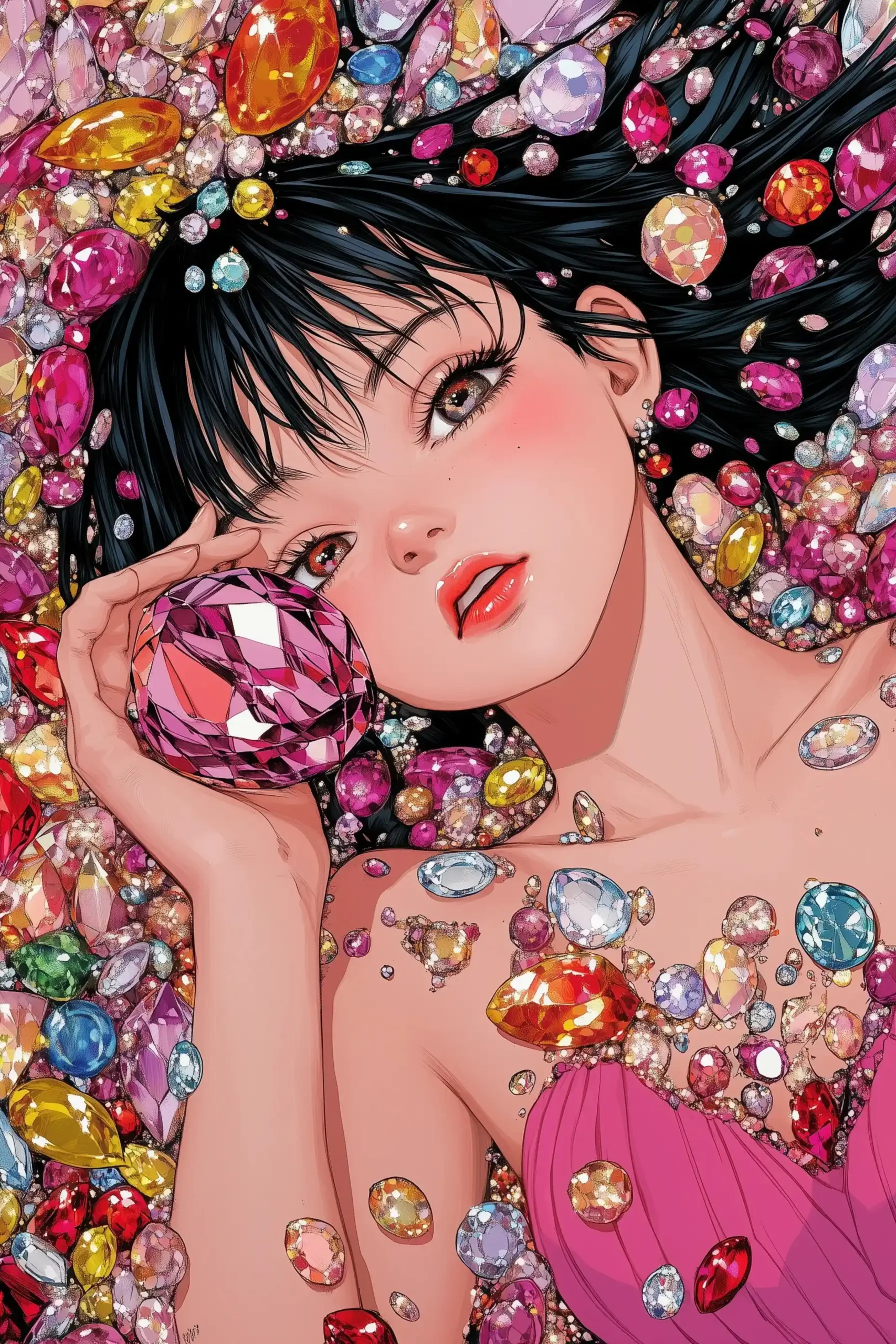 Gem-Encrusted Girl Portrait Midjourney 提示词生成效果