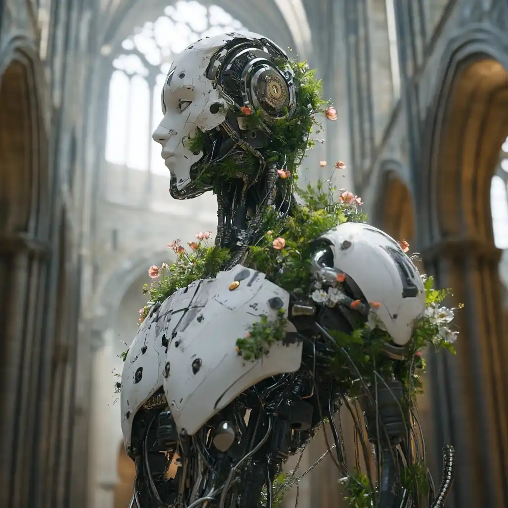 Cyborg Statue in Cathedral Midjourney提示词