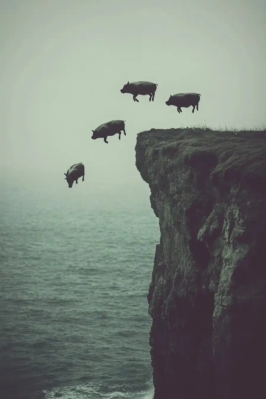 Eerie Swine Cliff Dive Midjourney提示词