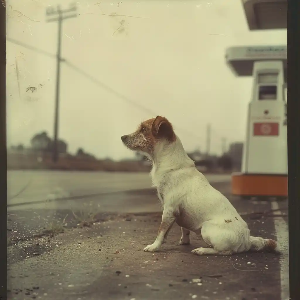 Lonely Dog at Gas Station Midjourney提示词