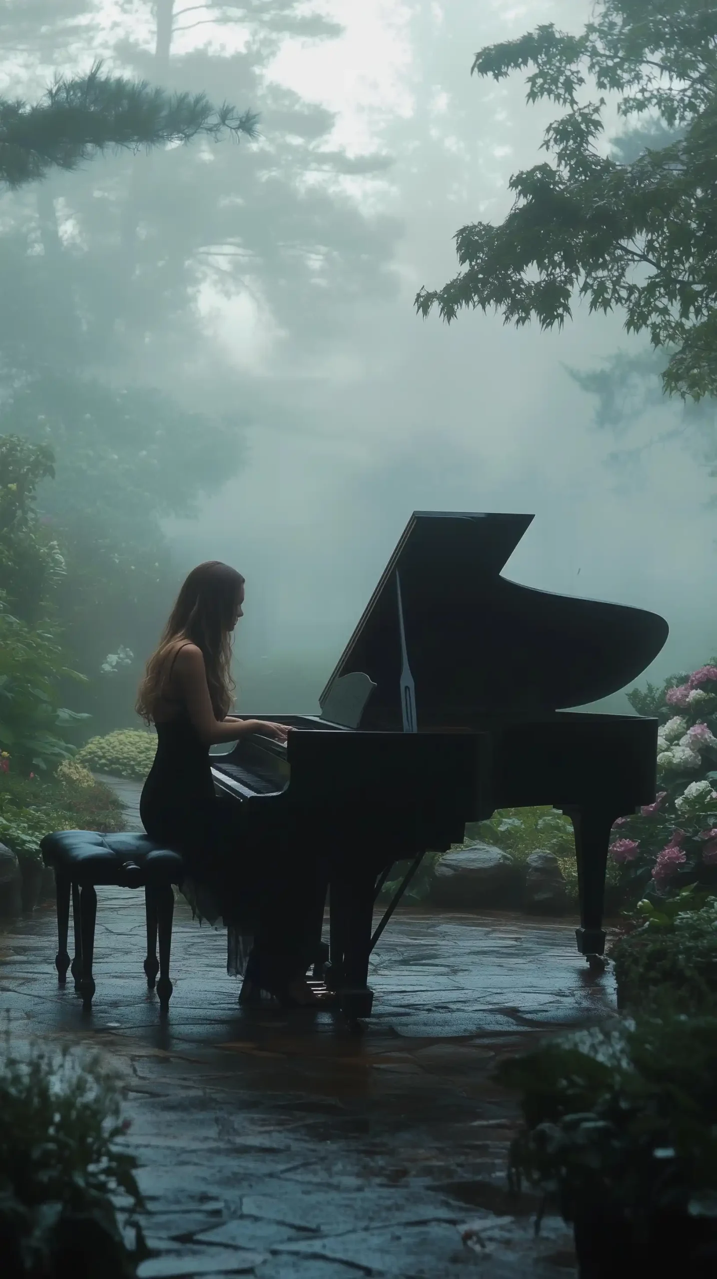 Cinematic Piano in Foggy Garden Midjourney提示词